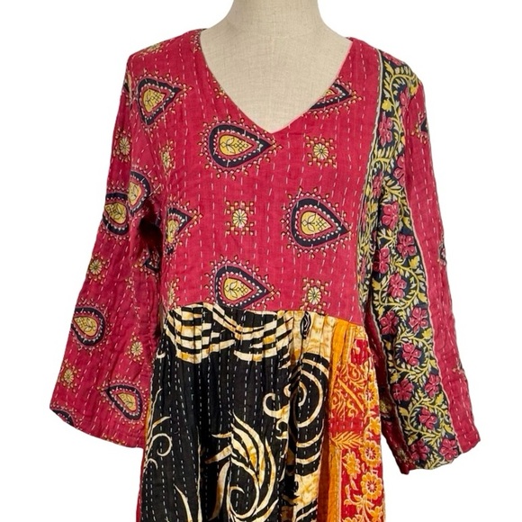 Kantha Long Sleeve Maxi Dress Handmade Boho Paisley  Patchwork - Picture 4 of 4